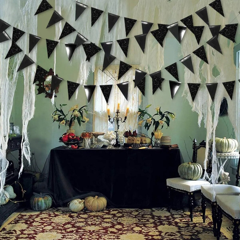 Helovino kabančios girliandos skraidyklės Blizgučiai juodi Gimtadienio trikampis Reklamjuostė Popierinė Vėliava Naujųjų Metų skraidyklės vakarėlio puošmena