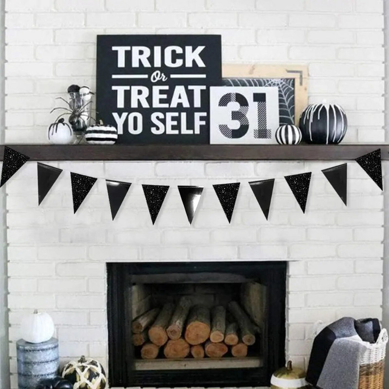 Helovino kabančios girliandos skraidyklės Blizgučiai juodi Gimtadienio trikampis Reklamjuostė Popierinė Vėliava Naujųjų Metų skraidyklės vakarėlio puošmena