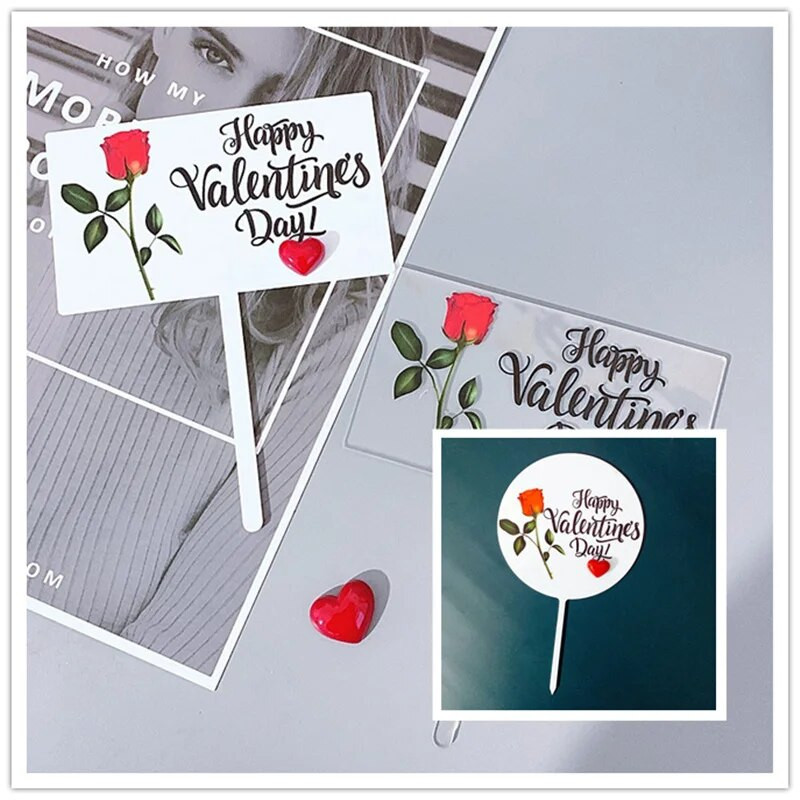 3D Rose Love Akrilinis vestuvių torto apmušalas Valentino dienos vestuvių vakarėlio torto vėliavėlės puošia „pasidaryk pats“ vestuvių deserto torto papuošimą