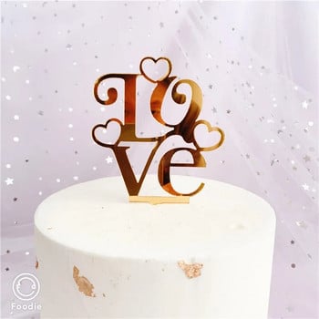 INS New Love Heart Сватбен акрилен топер за торта Златни цветя Розов топер за торта за Свети Валентин Сватбено парти Декорации за торта