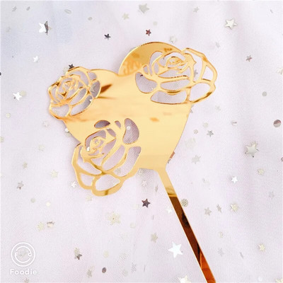INS New Love Heart Ακρυλικό κάλυμμα για τούρτα γάμου Χρυσά λουλούδια Τούρτα ροζ για τούρτα για την ημέρα του Αγίου Βαλεντίνου Διακοσμήσεις τούρτας για πάρτι γάμου