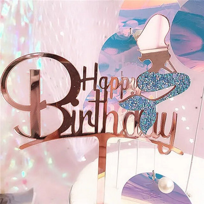 1 τεμ Mermaid Cake Topper Acrylic Unicorn Happy Birthday Cake Toppers For Baby Shower Cake Flags Προσωποποιημένη διακόσμηση τούρτας
