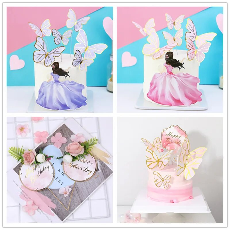 INS Pink Princess Happy Birthday Cake Topper Glitter Gold Butterfly torto vėliavėlė, skirta vestuvių gimtadienio vakarėliui torto deserto dekoravimui