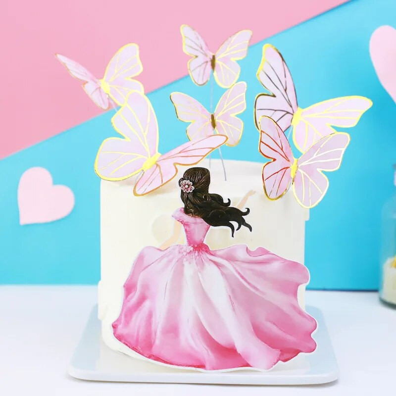 INS Pink Princess Happy Birthday Cake Topper Glitter Gold Butterfly torto vėliavėlė, skirta vestuvių gimtadienio vakarėliui torto deserto dekoravimui