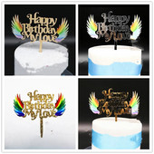 ins Χρόνια πολλά αγάπη μου Cake Topper Ακρυλικά φτερά αγγέλου γενεθλίων cupcake Toppers διακόσμηση Τούρτα ντους μωρού Προμήθειες
