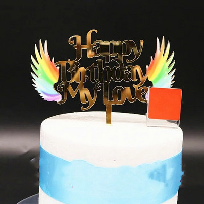 ins Χρόνια πολλά αγάπη μου Cake Topper Ακρυλικά φτερά αγγέλου γενεθλίων cupcake Toppers διακόσμηση Τούρτα ντους μωρού Προμήθειες