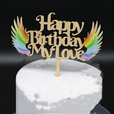 ins Χρόνια πολλά αγάπη μου Cake Topper Ακρυλικά φτερά αγγέλου γενεθλίων cupcake Toppers διακόσμηση Τούρτα ντους μωρού Προμήθειες