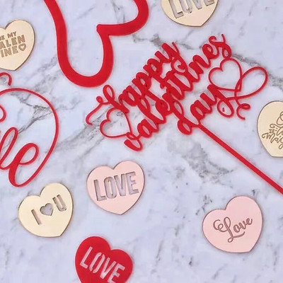 Νέο Happy Valentine`s Day Cake Topper Χρυσό Ακρυλικό Κόκκινο Love Wedding Cupcake Topper for Wedding Party Cake Decorations Επιδόρπιο