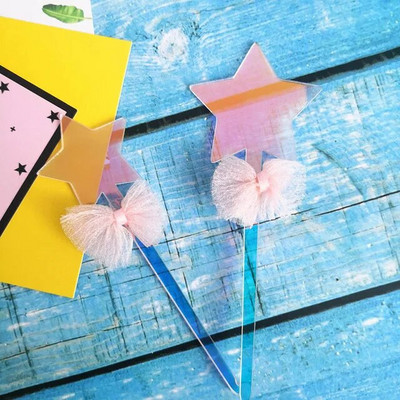 2τμχ Ακρυλικό Topper Γαμήλιας Τούρτας Glitter Love Stars Laser Cupcake Topper Flags για Διακοσμήσεις τούρτας γενεθλίων Baby Shower