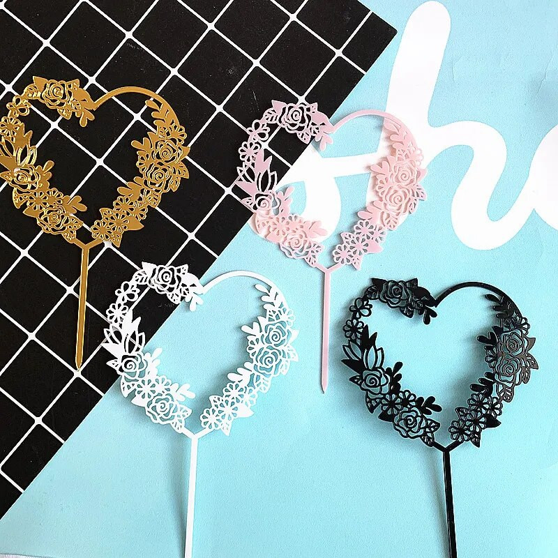 Meilės vestuvinio torto apmušalas Akrilinės gėlės girliandos širdies kepuraitės, skirtos vestuvių gimtadienio vakarėliui, torto papuošimai, kūdikių dušas