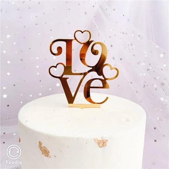 New Love Wedding Cake Topper Акрилни златни червени пръстени Cupcake Toppers за годишнина Сватбено парти Торта Десерт Декорации