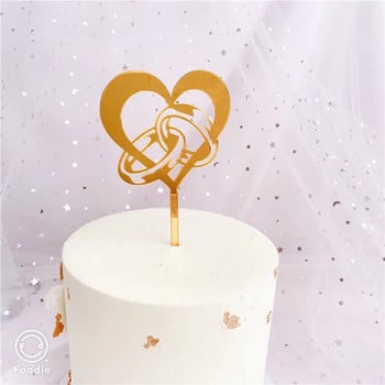 New Love Wedding Cake Topper Акрилни златни червени пръстени Cupcake Toppers за годишнина Сватбено парти Торта Десерт Декорации