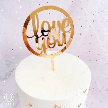 New Love Wedding Cake Topper Акрилни златни червени пръстени Cupcake Toppers за годишнина Сватбено парти Торта Десерт Декорации