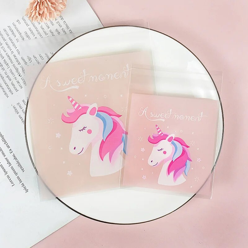 100 vnt Vienaragio saldainių sausainių maišeliai Plastikiniai lipnūs sausainiai dovanų pakavimo maišelis Vestuvių vaikams Vienaragio gimtadienio šventės reikmenys