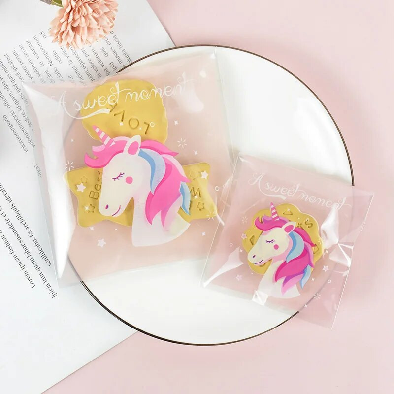 100 vnt Vienaragio saldainių sausainių maišeliai Plastikiniai lipnūs sausainiai dovanų pakavimo maišelis Vestuvių vaikams Vienaragio gimtadienio šventės reikmenys