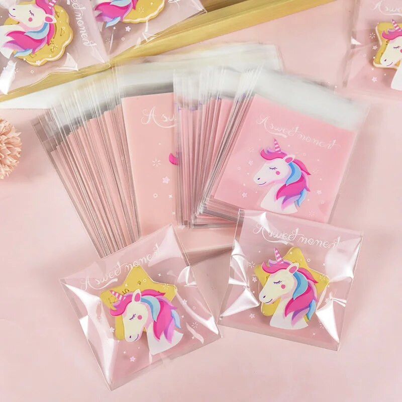 100 vnt Vienaragio saldainių sausainių maišeliai Plastikiniai lipnūs sausainiai dovanų pakavimo maišelis Vestuvių vaikams Vienaragio gimtadienio šventės reikmenys