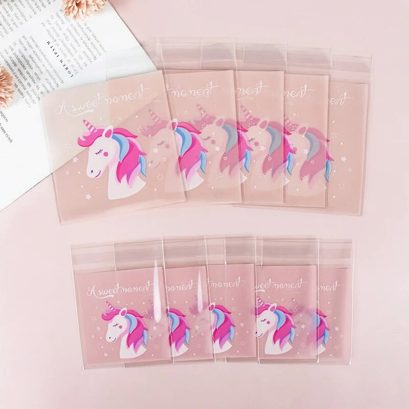 100 vnt Vienaragio saldainių sausainių maišeliai Plastikiniai lipnūs sausainiai dovanų pakavimo maišelis Vestuvių vaikams Vienaragio gimtadienio šventės reikmenys