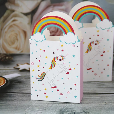 10 bucăți de desene animate cu unicorn curcubeu, pentru ambalaj cadou, pungă pentru dulciuri, cutie portabilă de bomboane pentru copii, ziua de naștere, decorarea pentru petrecerea de duș.