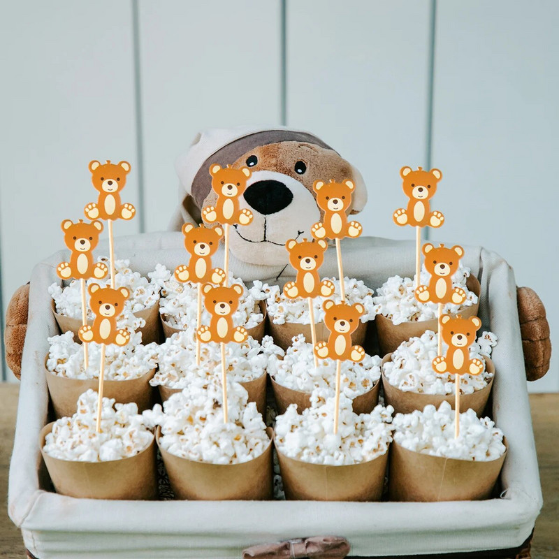 20 vnt. Mieli piešiniai su meškiuku, išspausdinti pyragaičiai. Puikūs meškiuko rašto pyragaičių gabalėliai, skirti vaikams Baby Shower gimtadienio deserto dekoravimui