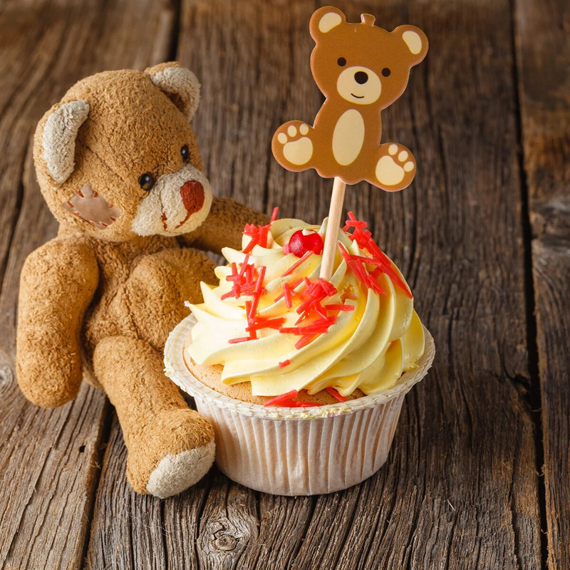 20 vnt. Mieli piešiniai su meškiuku, išspausdinti pyragaičiai. Puikūs meškiuko rašto pyragaičių gabalėliai, skirti vaikams Baby Shower gimtadienio deserto dekoravimui