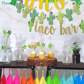 2 комплекта Fiesta Taco Bar Cactus Banner гирлянда Златисто зелен блестящ банер Fiesta за мексиканско парти Fiesta Cinco De Mayo Декорации