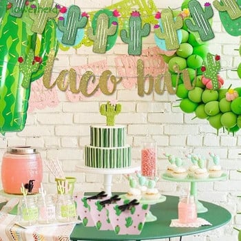 2 комплекта Fiesta Taco Bar Cactus Banner гирлянда Златисто зелен блестящ банер Fiesta за мексиканско парти Fiesta Cinco De Mayo Декорации