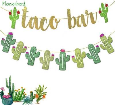 Πανό με 2 σετ Fiesta Taco Bar για Κάκτους Γιρλάντα Χρυσό Πράσινο Γυαλιστερό Πανό Fiesta για Μεξικάνικα Διακοσμητικά πάρτι Fiesta Cinco De Mayo