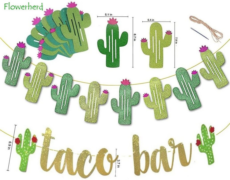 2 rinkinių Fiesta Taco Bar Kaktuso reklamjuostė girlianda Auksinė žalia blizganti Fiesta reklaminė juosta, skirta meksikietiškos fiestos vakarėlio Cinco De Mayo dekoravimui