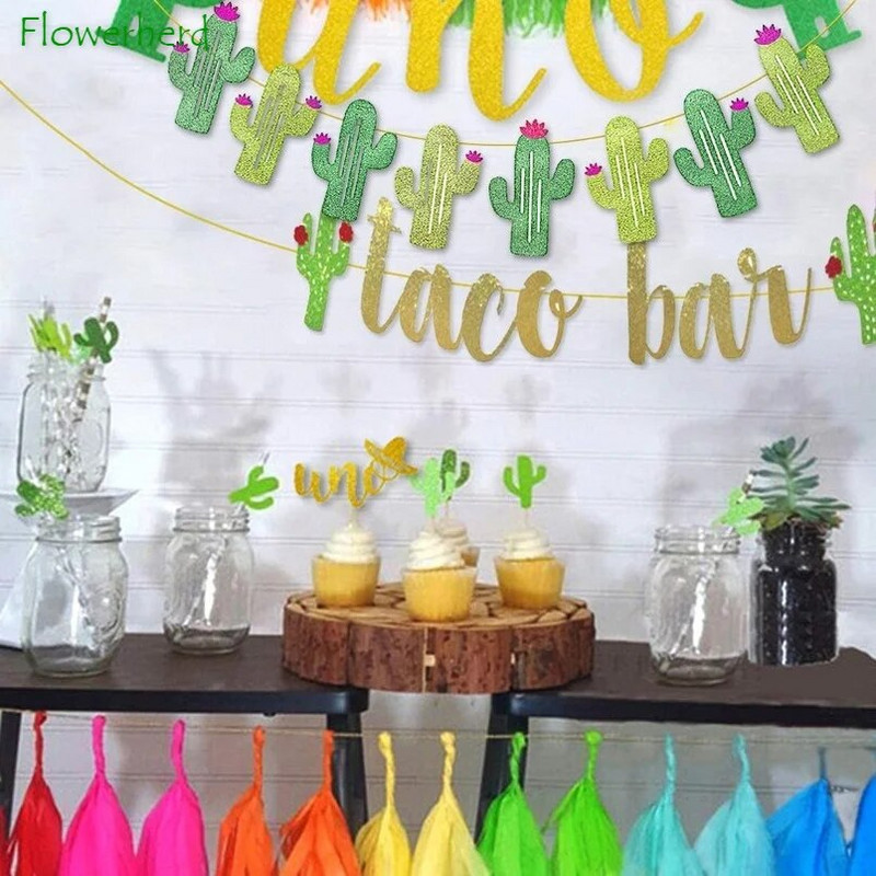 2 rinkinių Fiesta Taco Bar Kaktuso reklamjuostė girlianda Auksinė žalia blizganti Fiesta reklaminė juosta, skirta meksikietiškos fiestos vakarėlio Cinco De Mayo dekoravimui
