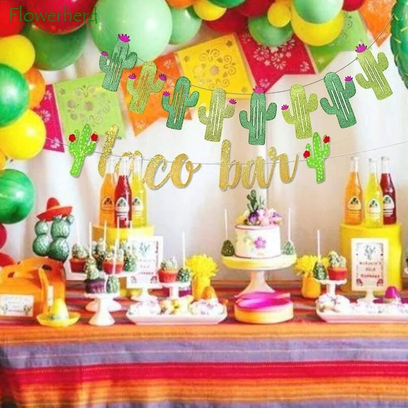 2 rinkinių Fiesta Taco Bar Kaktuso reklamjuostė girlianda Auksinė žalia blizganti Fiesta reklaminė juosta, skirta meksikietiškos fiestos vakarėlio Cinco De Mayo dekoravimui
