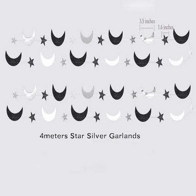 4M Μαύρο ασημί Moon Star Garland Διακοσμήσεις Glitter Outer Space Birthday Party Hanging Wedding Twinkle Baby Shower Διακοσμήσεις
