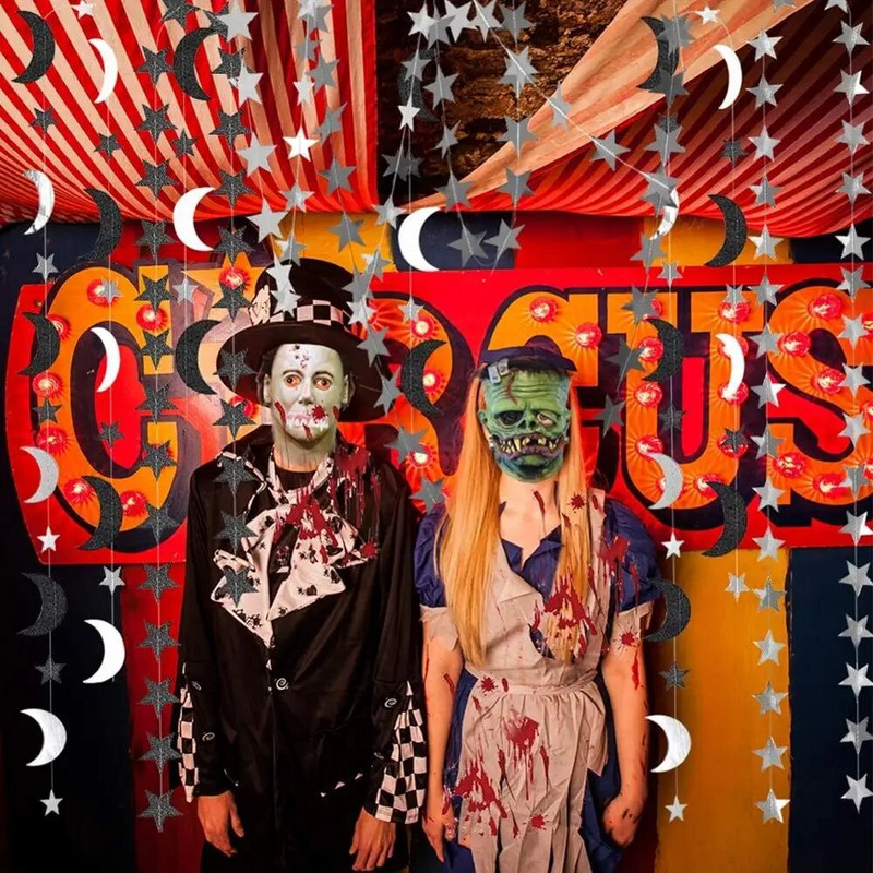 4M juodos sidabrinės mėnulio žvaigždės girliandos papuošalai Blizgučiai kosmoso gimtadienio vakarėliui Kabantys vestuvių mirksėjimo kūdikių dušo dekoracijos