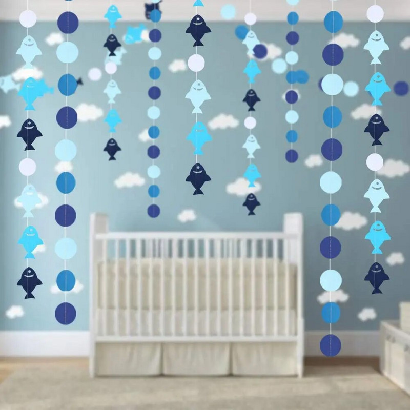 Jūros tematikos vakarėlio dekoro popierius Mėlynas mielas žuvis vakarėliui po jūra Vaikų gimtadienio kabantis apskritimas Taškeliai popieriniai girliandos papuošimai