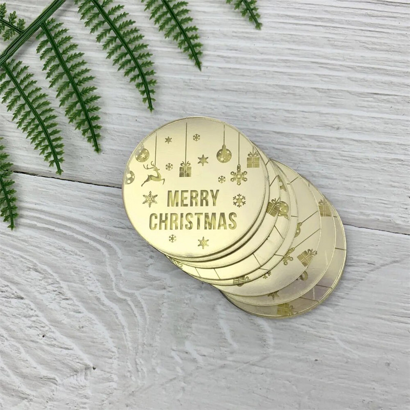 Apvalus auksinis akrilo pyragas kalėdiniam vakarėliui Linksmų kalėdinių tortų dangtelis Laimingų Naujųjų metų kepimo pyrago deserto papuošimai