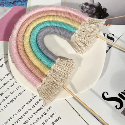 1 ΤΕΜ ΝΕΟ Μακραμέ Rainbow Topper για κέικ Χειροποίητο βαμβακερό σχοινί Μποέμικο στυλ Baby Shower Διακόσμηση γενεθλίων προμήθειες πάρτι