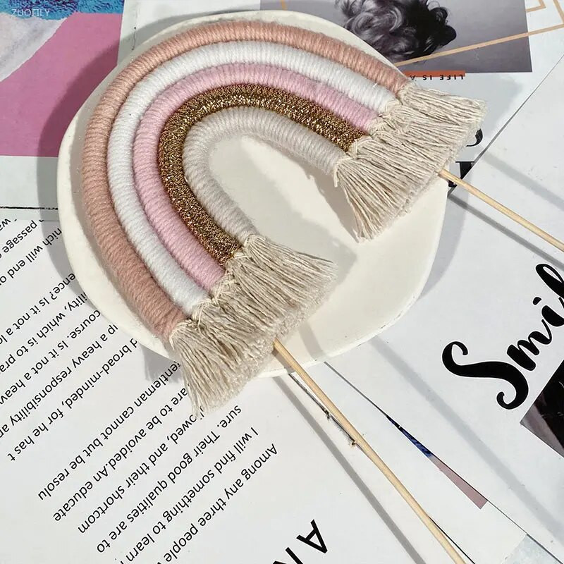 1 vnt. NAUJAS „Makrame Rainbow“ torto viršelis, rankų darbo medvilninės virvės, bohemiško stiliaus kūdikių dušas, vestuvių gimtadienio dekoravimo vakarėlio reikmenys