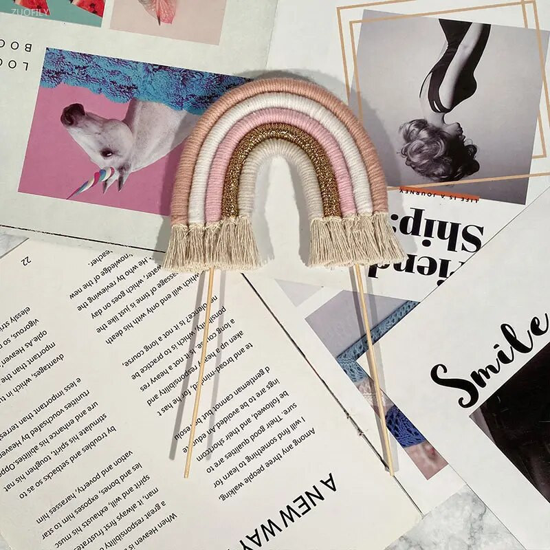 1 vnt. NAUJAS „Makrame Rainbow“ torto viršelis, rankų darbo medvilninės virvės, bohemiško stiliaus kūdikių dušas, vestuvių gimtadienio dekoravimo vakarėlio reikmenys