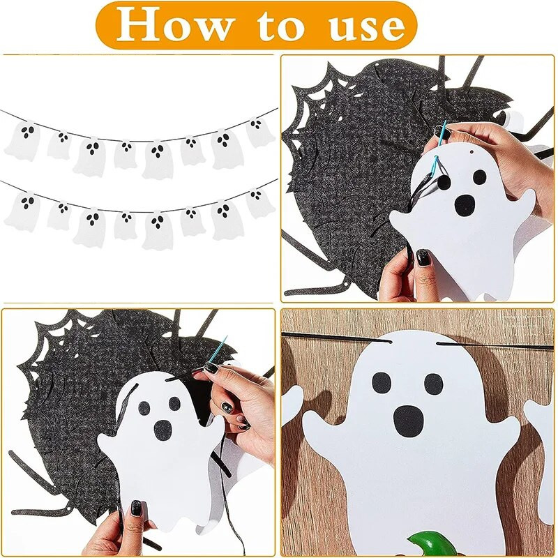 Helovino kabančios baltos vaiduoklio reklamjuostės, reikmenys Helovino vakarėlio popieriaus srautas, skirtas namų durims, vidaus lauko mantelio dekoravimui