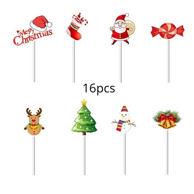 16/48Pcs Cartoon Topper Χριστουγεννιάτικου Τούρτας Santa Claus Χριστουγεννιάτικο δέντρο Cupcake Topper για Πρωτοχρονιάτικο πάρτι Χριστουγεννιάτικη διακόσμηση κέικ Noel Navidad