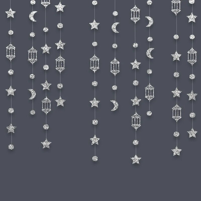 Juodosios sidabrinės Eid girliandos Mubarako Ramadano dekoras Žvaigždė Mėnulio ratas Pusmėnulio lempa Popieriniai srautai Musulmonų vakarėlių dekoracijos