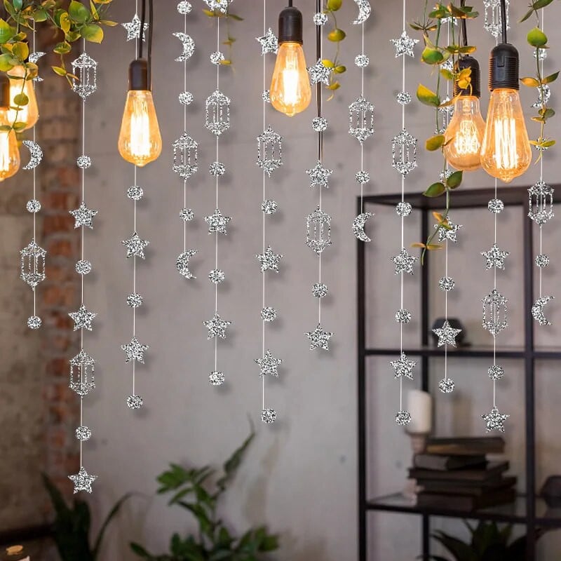 Juodosios sidabrinės Eid girliandos Mubarako Ramadano dekoras Žvaigždė Mėnulio ratas Pusmėnulio lempa Popieriniai srautai Musulmonų vakarėlių dekoracijos