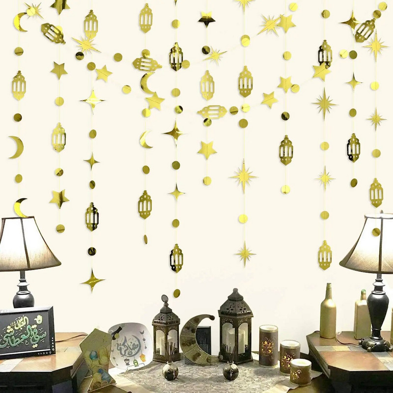 13 Ft aukso Eid Mubarako Ramadano dekoro žvaigždė Mėnulio apskritimo taškinė pusmėnulio lempa girlianda Fono reklamjuostės dekoracijos namų musulmonų vakarėliui