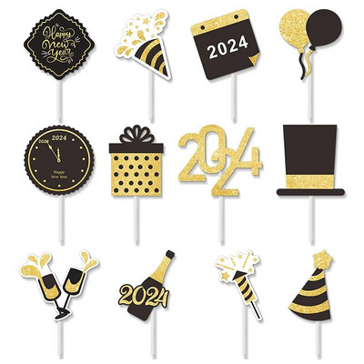 12 vnt Cupcake Topper 2024 Linksmų Naujųjų Metų Kalėdų mini torto įdėklas vestuvių dekoravimui vakarėlio reikmenys Vakarėlio „pasidaryk pats“ kepimo įrankis