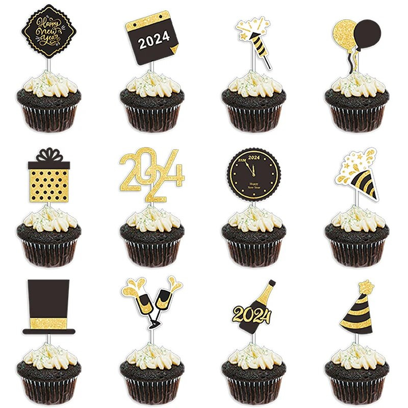 12 τμχ Cupcake Topper 2024 Happy New Year Χριστουγεννιάτικο μίνι κέικ Ένθετο Διακόσμηση γάμου Προμήθειες πάρτι DIY Εργαλείο ψησίματος
