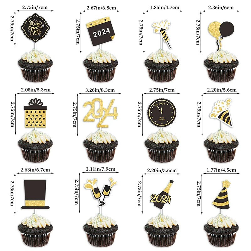12 τμχ Cupcake Topper 2024 Happy New Year Χριστουγεννιάτικο μίνι κέικ Ένθετο Διακόσμηση γάμου Προμήθειες πάρτι DIY Εργαλείο ψησίματος