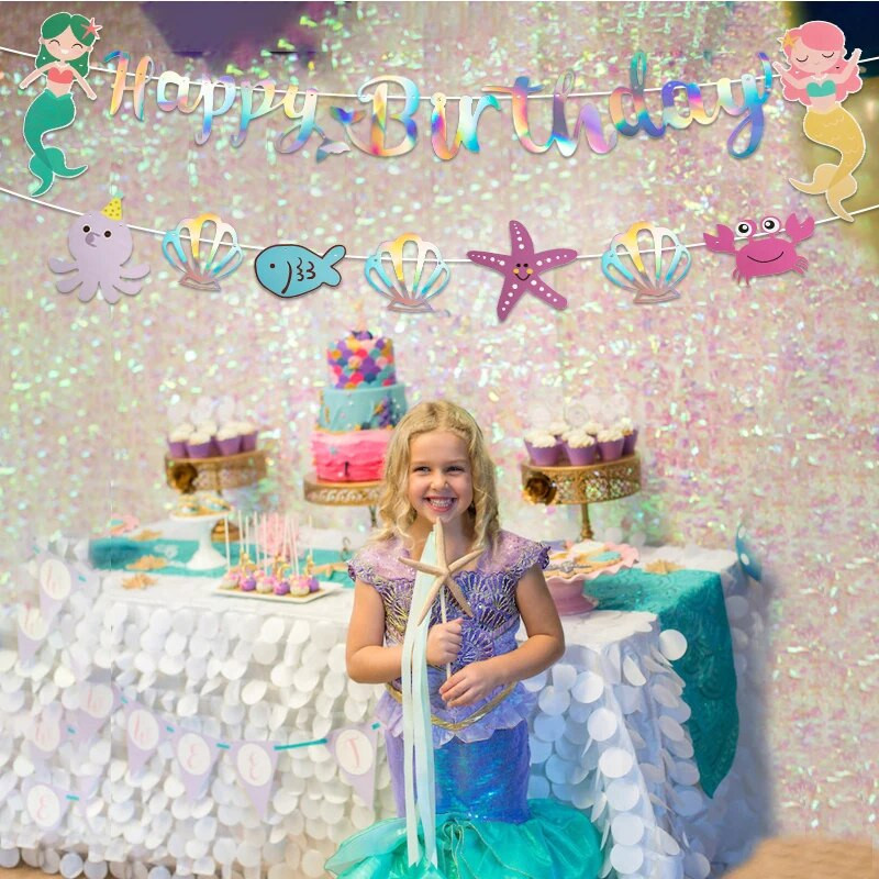 Iridescent Mermaid Happy Birthday Banner Αστερίας Θαλασσινό Κοχύλι Χάρτινες γιρλάντες Διακοσμήσεις Under The Sea Mermaid Birthday Party Decor