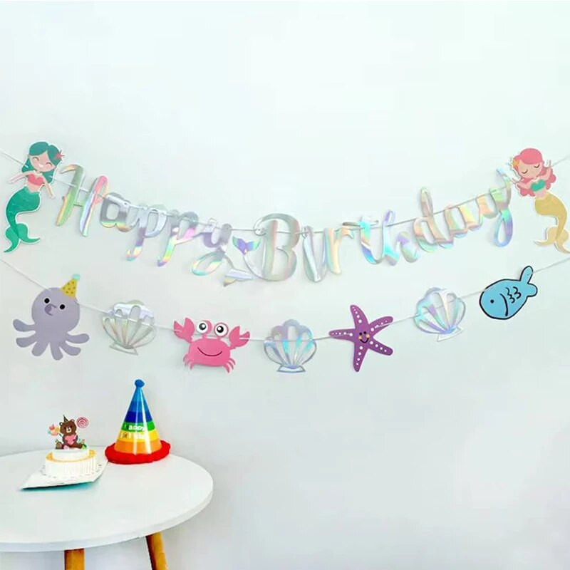 Iridescent Mermaid Happy Birthday Banner Αστερίας Θαλασσινό Κοχύλι Χάρτινες γιρλάντες Διακοσμήσεις Under The Sea Mermaid Birthday Party Decor