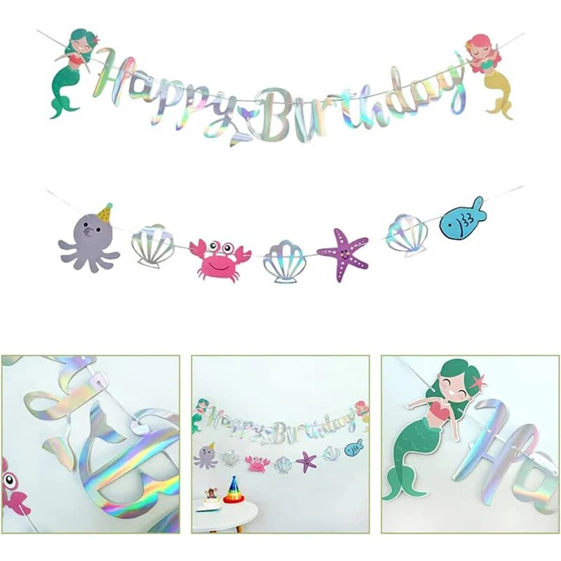 Iridescent Mermaid Happy Birthday Banner Αστερίας Θαλασσινό Κοχύλι Χάρτινες γιρλάντες Διακοσμήσεις Under The Sea Mermaid Birthday Party Decor