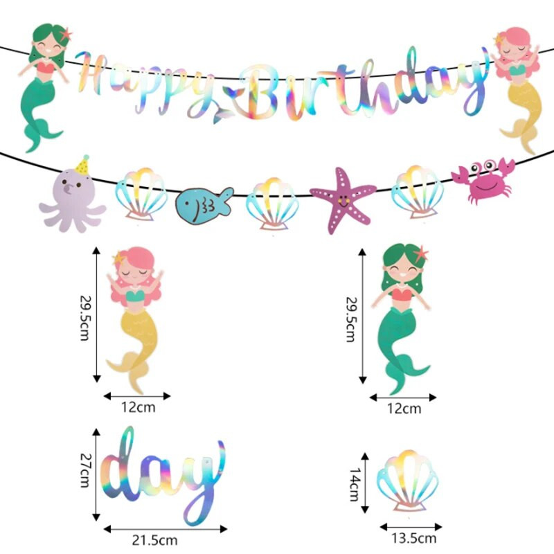 Iridescent Mermaid Happy Birthday Banner Αστερίας Θαλασσινό Κοχύλι Χάρτινες γιρλάντες Διακοσμήσεις Under The Sea Mermaid Birthday Party Decor