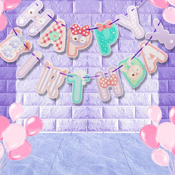 Χαριτωμένο μωβ ροζ παστέλ γάτα κουνελιού Χρόνια πολλά χάρτινο πανό Bunny Bunting Girls Birthday Party Pennant Baby Shower Decoration